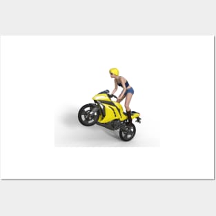 Stun lady on a yellow motorcycle Posters and Art